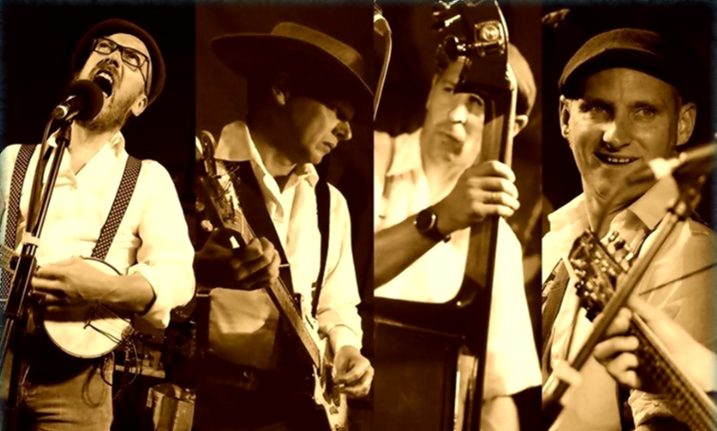 Les quatre musiciens de Hellbilly Krows en portrait sépia, un par un : chant et banjoline, guitare, contrebasse, mandoline.